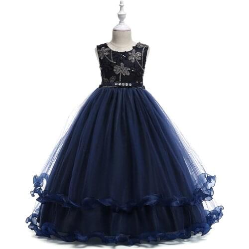 4-14 Years Kids Party Dresses Navy Blue New Design Long Sleeves Flower Girl Dress For Weddings Children Princess Ball Gowns