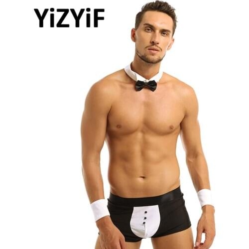 Mens Butler Waiter Tuxedo Lingerie Boxer Shorts Underwear with Bow Tie Collar Bracelets Nightclub Party Sexy Gay men Swearwear