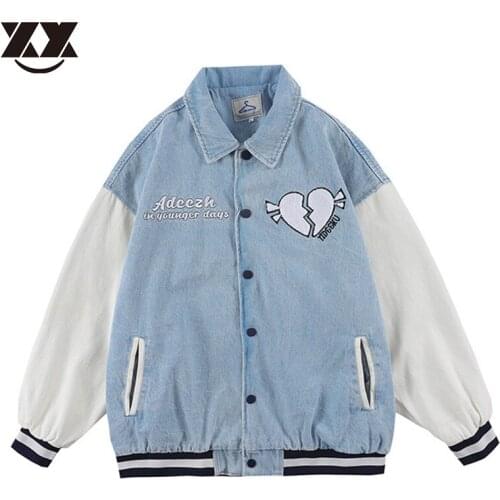 Vintage Denim Baseball Jackets Men Hip Hop Heart Embroid Loose Streetwear Coat Unisex Autumn Casual Varsity Jacket Mens Oversize