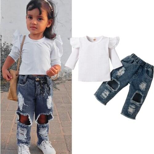FOCUSNORM 1-6Y Autumn Fashion Kids Girls 2pcs Clothes Sets Ruffles Fly Sleeve Solid T Shirts Tops Hole Rapped Denim Pants