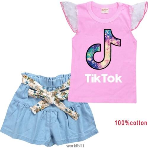 T Shirt clothing set Girls tshirt Kid Tik Tok T-Shirt Tee Shirt summer Short Sleeve Print Tshirt + Denim Skirt Pants