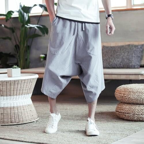 Chinese style cotton cross bigfoot baggy shorts Summer Cropped Trousers Linen Long Shorts for Men Harem Shorts Casual Bermuda