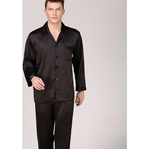 Black Solid Men Pajamas Set Long Sleeve Shirt&Pants Satin Silky 2PCS Sleepwear Male Comfy Pijamas Suit Elastic Waist Loungewear