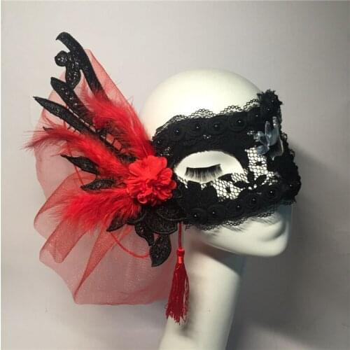 Red Color Princess Witch Cosplay Mask Lace Feather Stage Club Performance Masks Halloween Cos Accessories Model Catwalk Props