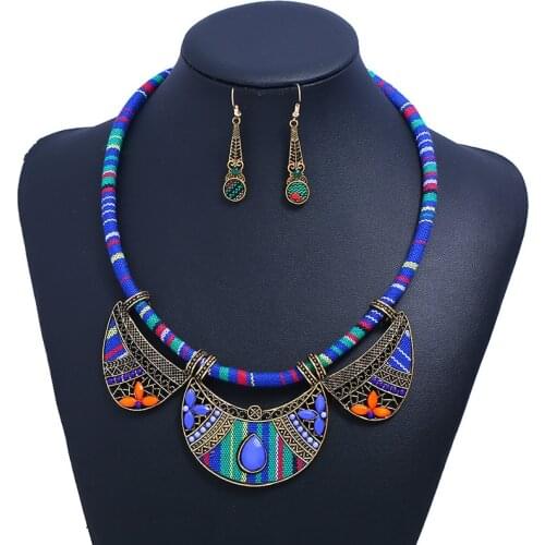 MIQIAO Turkish Boho Choker Color Pendant Collar Chain Necklace Stud Piercing Earring Drop Hook Jewelry Set for Women Wedding Gif