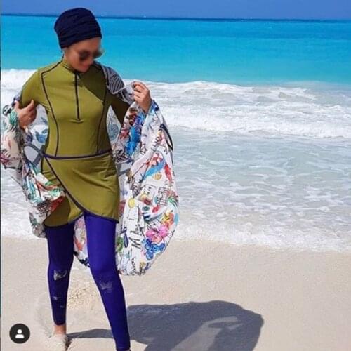 Muslim Swimwear Women Modest Patchwork Hijab Long Sleeves Sport Swimsuit 3pcs Islamic Burkinis Wear Bathing Suit