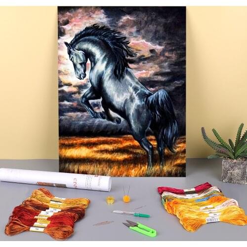 Animal Horse Printed Water-Soluble Canvas 11CT Cross Stitch Kit Embroidery DMC Threads Knitting Needlework Painting Adults