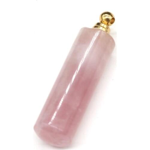 Natural Stone Perfume Bottle Pendant Fashion Long Cylindrical Shape Pink Crystal Pendant for Jewelry Making Necklace Accessories