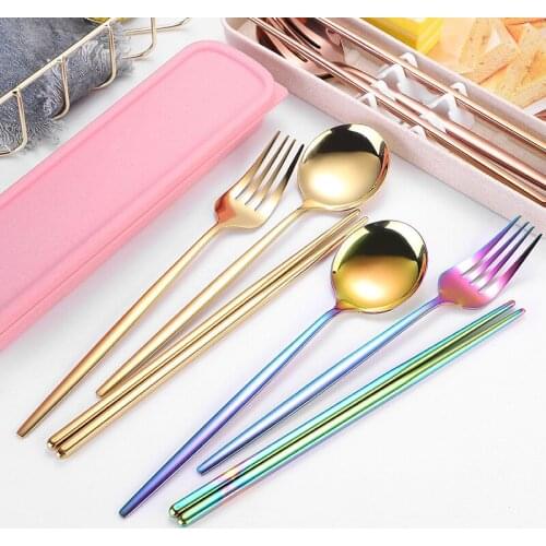 Stainless steel spoon chopsticks fork three-piece set portable round spoon chopsticks set gold-plated fork spoon gift cutlery
