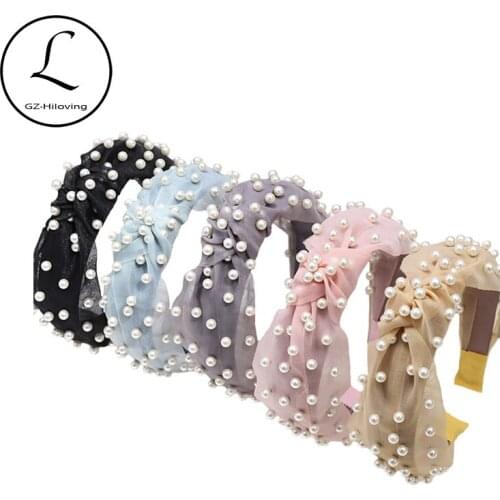 Korean Women Bow Knot Pearls Head Band Hair Accessories Candy Color Mesh Wide Hairband Hair Hoop for Femme Girls Christmas Gifts