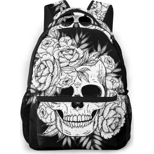OLN Children Backpacks School Bag For Boys Skull And Flowers Illustration Teenagers Schoolbag Student Bookbags