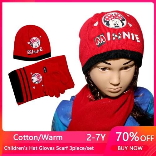 Autumn Winter Kids Hat Gloves+scarf+Hat 3pcs/set Fashion Minnie Warm Knitted Cartoon Caps Gloves Baby Boys Girls Hats 2-8Y