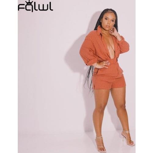 FQLWL Fall Streetwear 2 Two Piece Sets Womens Outfits Long Sleeve Buttons Tops Pockets Short Suits Striped Print Matching Sets