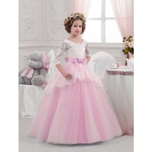 Stunning Hot Sale Pink Flower Girl Dresses With Bow Lace applique Girls Pageant Wedding Gown First Communion Dresses