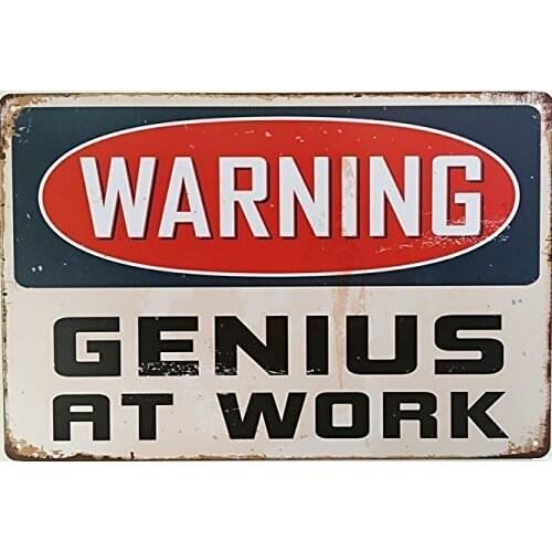 Warning Genius at Work Tin Sign Wall Retro Metal Bar Pub Poster Vintage Decor 12 X 8