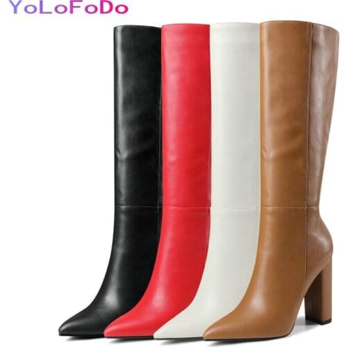 Plus Size 34-43 Women Knee High Boots Brand Design Faux Leather Women Square High Heel Boots Fashion Pointed Toe Zipper Shoes