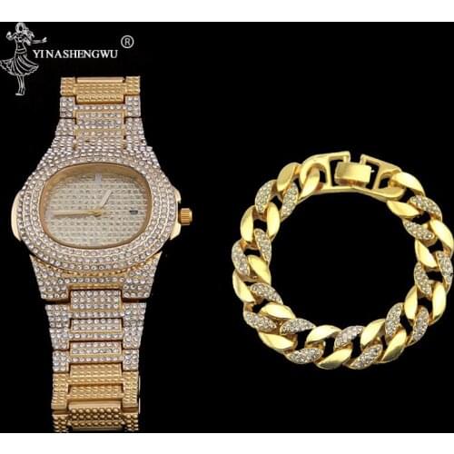 Luxury Gold Color Watch Waterproof Hip Hop Bracelet Crystal Miami Iced Out Cuban Link Chain For Men Braclete Pulsera Alloy