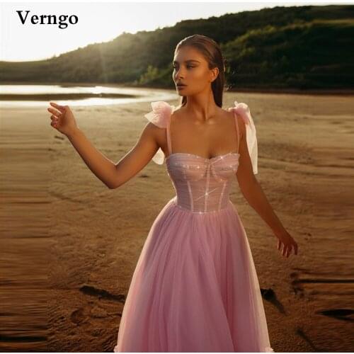 Verngo 2021 Pink A Line Tulle Prom Dresses Short Bow Tied Straps Sweetheart Shiny Beads Homecoming Dress Ankle Length Party Gown