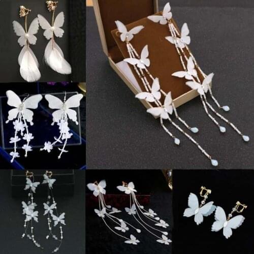 Bridal Korean Retro White Butterfly Feather Imitation long Dangle Drop Earrings Fashion Brincos Statement Wings Earrings Jewelry