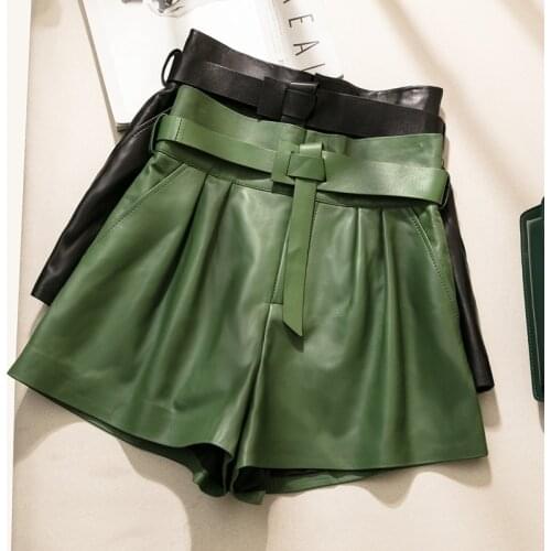 Genuine Sheepskin Leather Shorts for Women 2021 Summer Female High Waist Shorts Wide Leg Short Ladies Ropa Mujer Zjt2403
