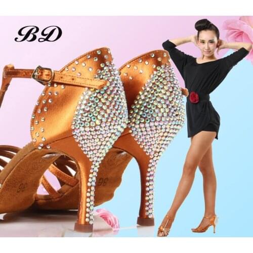 High Quality Dance Shoes Brand Party Ballroom Latin Shoe Girl Sports With Diamond Brown Dancing Discount BD 217/211 Thin Heels
