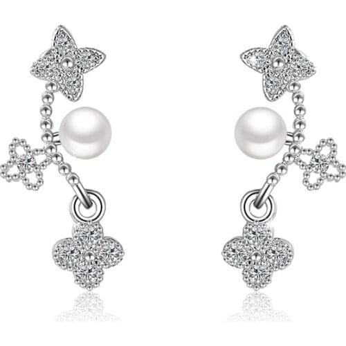 Hot Sell Wholesale2017 New Fashion Pearl Design Shiny Crystal 925 Sterling Silver Stud Earrings for Women Jewelry Christmas Gift