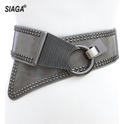 Womens Personalized Punk Willow Elastic Wide Waistband Genuine Leather Cummerbunds Ladies Fashionable Overcoat Belt AK005