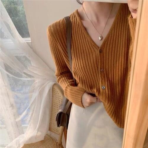 Fashion Solid Round V-Neck Stripe Knitting Sweater Cardigan Womens Autumn Winter Korean Slim Single Breasted Bottom Streetwear