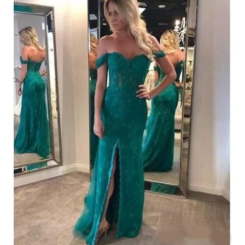 Sexy Mermaid Off The Short Sleeve Formal Evening Dresses Floor Length Hunter Green Lace Lace Formal Party Prom Mother Gowns