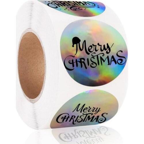 1.5 Inch Holographic Merry Christmas Stickers Roll Rainbow Holo Thank you Business Stickers for Boutiques Shop Wrapping Supplies