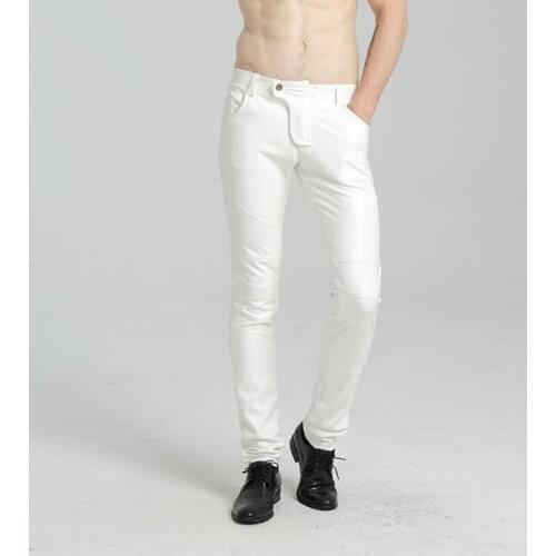White thin Slim fit Plus velvet personality fashion motorcycle faux leather pants mens feet pants pu trousers men pantalon homme
