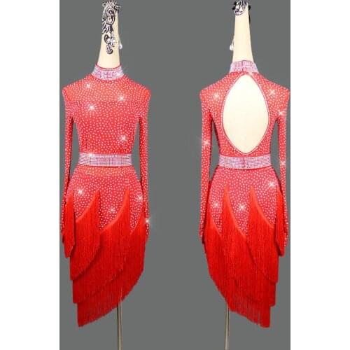 Shiny Latin Dance Dress Women Red Performance Competition Costume Female Child Adult Professional Sexy High-end Fringed Skirt