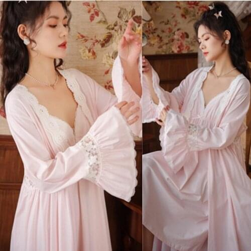 Elegant Long Gowns Robes Sets Vintage Palace Style Sleepwears Ladies V-neck Nightgowns Cotton Bathrobe Lolita 2 Piece Nightdress