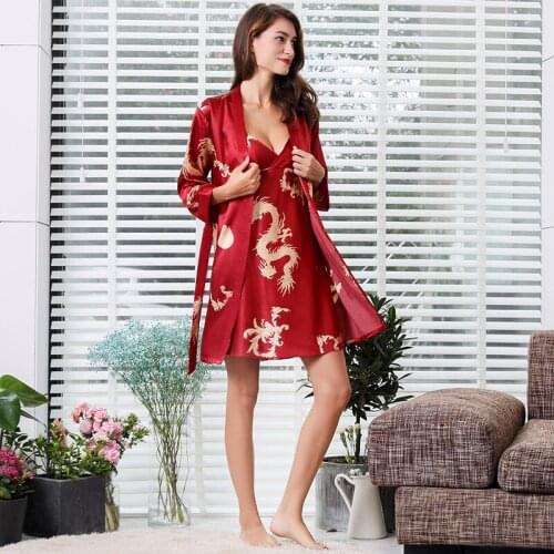 High-End Imitation Silk Ladies Sexy Bathrobe Two-Piece Suit Female Summer Thin Pajamas Soft Ladies Nightgown