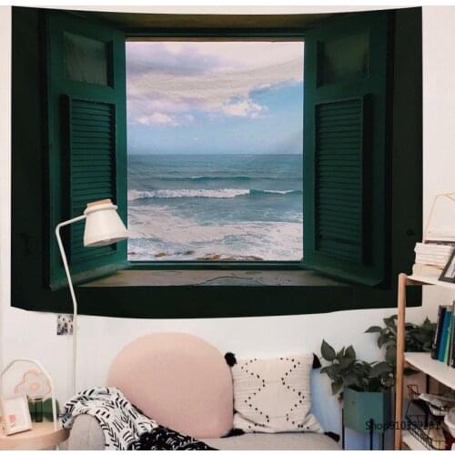 Sea Outside The Window Tapestry Starry Night Sky Tapestries Indian Home Decor Big Hippie Wall Hanging Tapestry Blanket