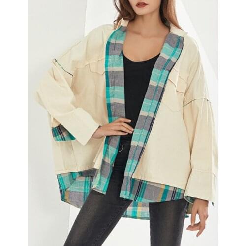 2020 Winter Womens New Thin Line Lapel Single-breasted Plaid Stitching Fake Two-piece Denim Jacket