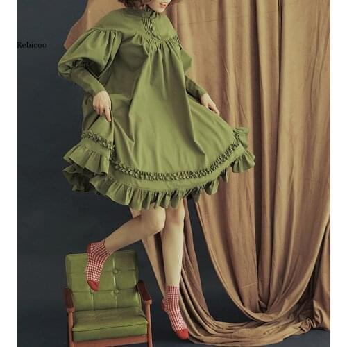 Girl Long Sleeve Dress Stand Collar High Waist Button Ruffle A-Line Dress Cute Summer