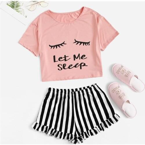 Summer Women Pajamas Set Cartoon Casual Sleepwear Eyelash Print Tshirt Womens Home Wear Pyjamas Suit Female Short Sleeve Top