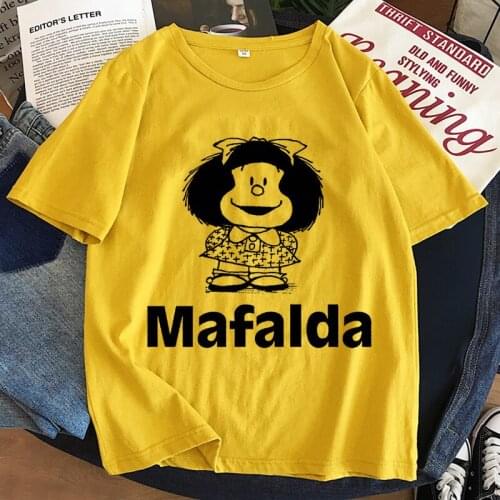 Mafalda Kawaii Anime Graphic Print T-shirt Women Harajuku Aesthetic Yellow Tops Tshirt 2021 New Summer Vogue Y2k Female T Shirt