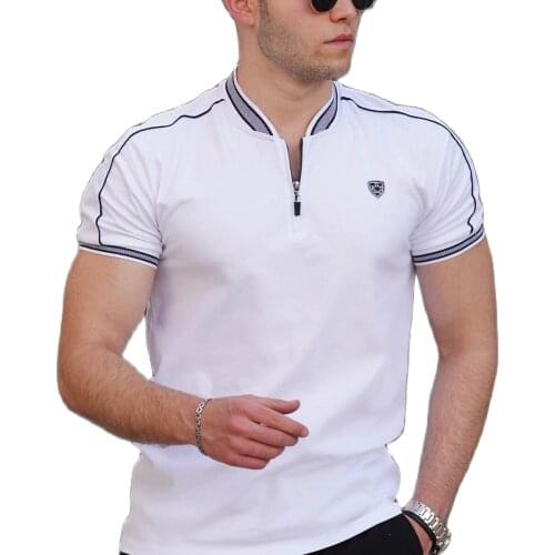 White-Polo Collar Men Tshirt Casual Special Design Fashion Casual, Charming, Comfortable Woven, Side Striped, zipper