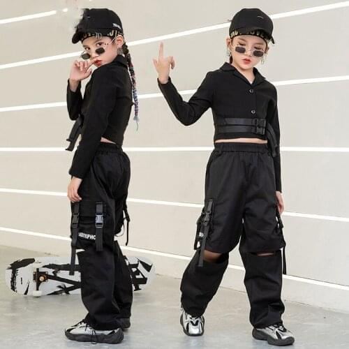 2020 New Girls Jazz Dance Costumes Black Hiphop Suit Ballroom Hip Hop Street Dancing Clothes Kids Performance Dance Wear DQS5598