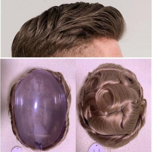 Blonde Virgin human Hairpiece Mens Toupee Ultra Transparent Thin Skin PU Replacement Hair Pieces 10x8 Base Size #22R Brown