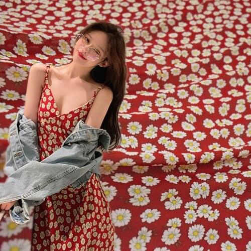 Half Meter Dark Red With Little Daisy Flower Print Chiffon Fabric For Dress Gallus Ladys Garment Sewing Material T1391