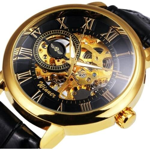 WINNER Classic Golden Men Mechanical Watch Leather Strap Roman Number 3D Skeleton Dial Top Brand Design Male Wristwatch