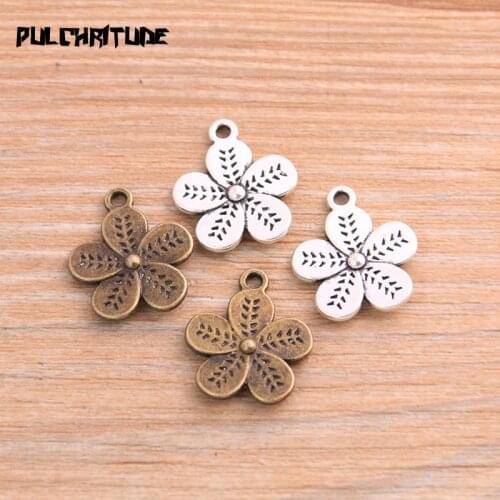 PULCHRITUDE 16pcs 17*20mm Metal Alloy Two Color Double Sided Flowers Charms Plant Pendants For Jewelry Making DIY Handmade Craft