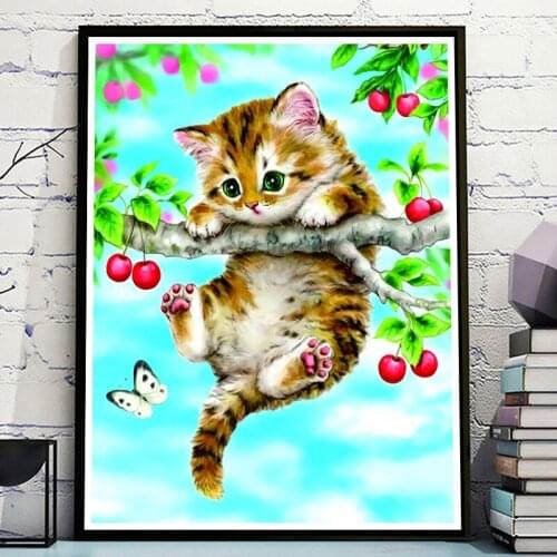 Zozack Needlework,DIY Printed Cartoon Cherry kitten Cross Stitch Sets for Full Embroidery Cat Cross-Stitch Kit Home Wall Decor