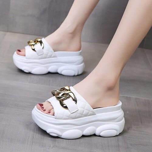 Brand metal chains slippers women black/white plaid leather sandals high heels beach slides shoes woman muffins sandalias mujer