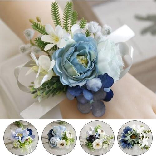Silk Roses Wrist Corsage Bracelets Bridesmaid White Blue Hand Flowers Wedding Boutonnieres Corsages Marriage Prom Flowers