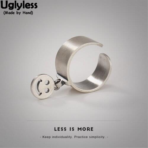 Uglyless 100% Real Solid 925 Sterling Silver Handmade Smile Face Open Rings for Women Wide Finger Ring Thai Silver Fine Jewelry