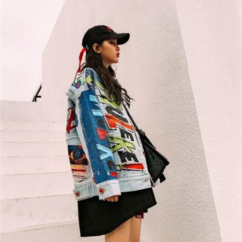 Casual Funny Print Jean Jacket Women Patchwork 2020 Vintage Long Sleeve Bomber Jackets Spring Autumn Short Denim Jacket Dd555